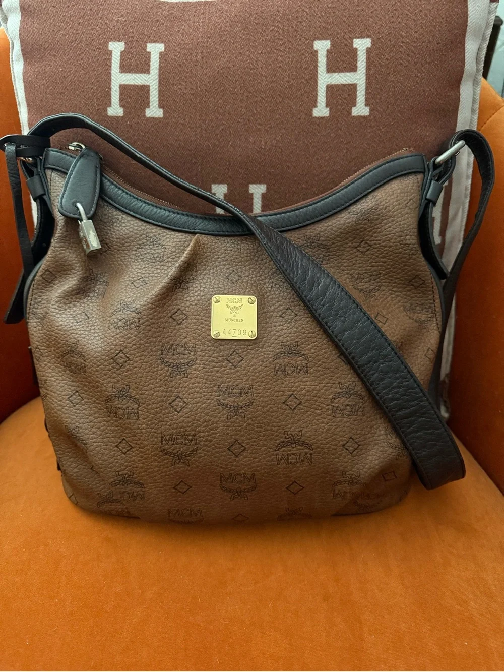 MCM Brown Monogram Hobo Shoulder Bag with Black Strap
